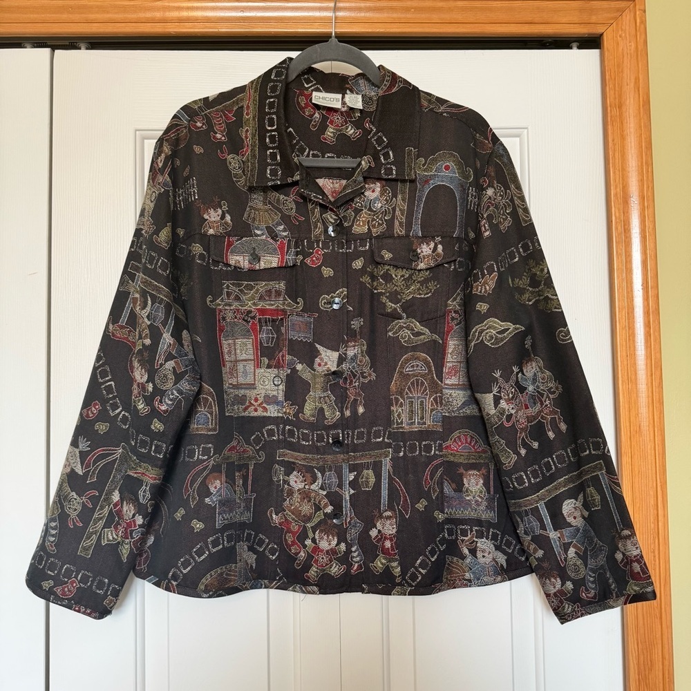 Chico's Women's Silk Blend Blouse‎ Jacket Size 3 Chinese Tradition Graphic
